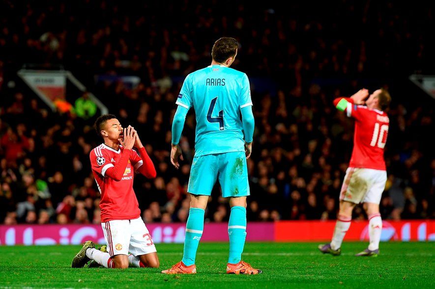 Manchester United's Jesse Lingard and Wayne Rooney rue a missed chance on goal during the 0-0 draw with PSV Eindhoven.