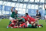 thumbnail: Cian Healy celebrates after team-mate Chris Henry scored Ireland's first try in their Six Nations win over Wales at the Aviva Stadium
