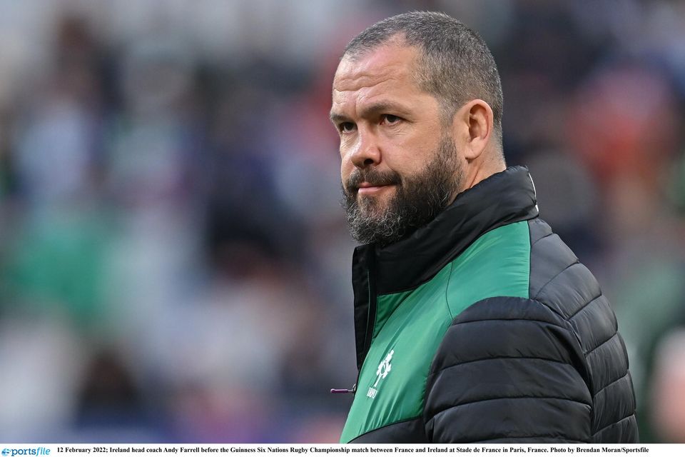 Ireland head coach Andy Farrell before the Guinness Six Nations Rugby Championship match between France and Ireland in Paris. Photo: Brendan Moran/Sportsfile