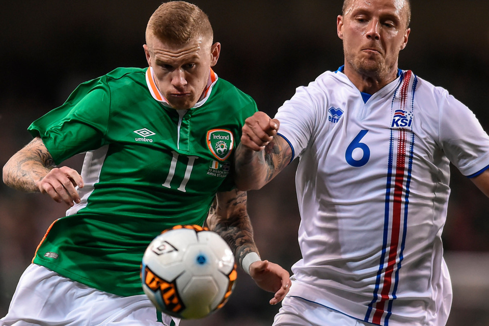 Republic of Ireland's James McClean in action against Iceland's Ragnar Sigurdsson