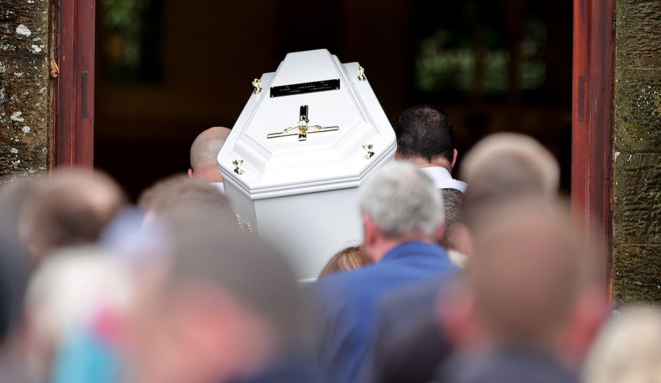 The remains of Matthew Healy arrive for his funeral mass in Watergrasshill, Co Cork. Photo: Gerry Mooney