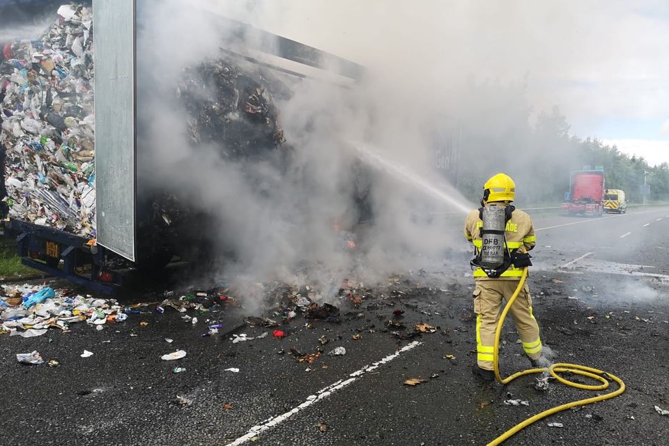 Firefighters are battling a fire on the M1 this evening.  Photo: Dublin Fire Brigade.