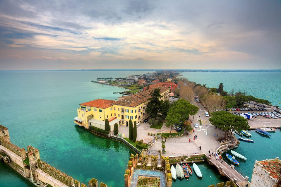 Aerial view from Scaglieri castle on Lake Garda and town of Sirmione in Italy.