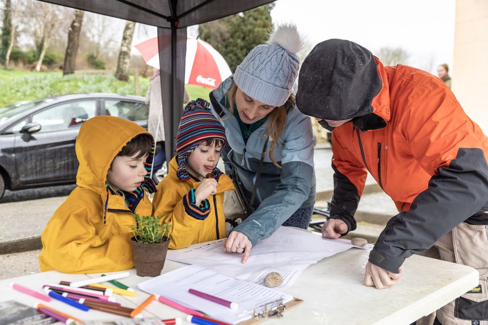Visitors to the Aughrim St Patrick's Day parade engaging with Suppose a Stone activity maps. Photo: Ste Murray.
