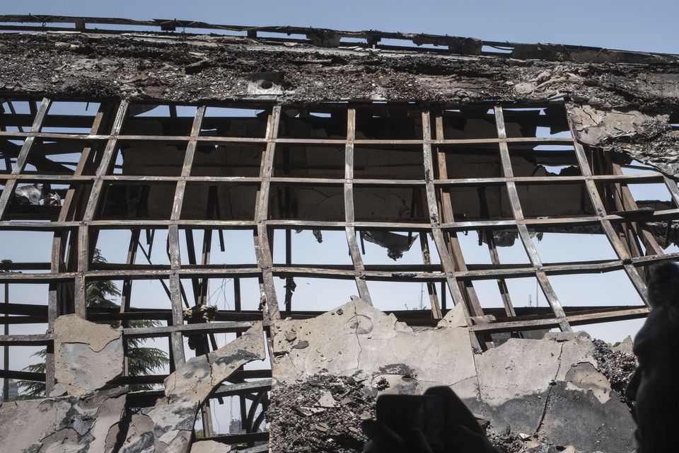 The headquarters of the Islamic Republic of Iran News Network (IRIN) destroyed in Israeli strikes in Tehran. Photo: Morteza Nikoubazl/NurPhoto via Getty.