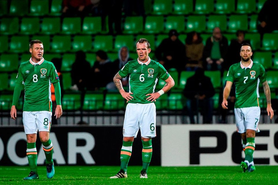 James McCarthy, left, Glenn Whelan and Shane Duffy of Republic of Ireland look on after Igor Bugaev of Moldova scored his side's first goal during the FIFA World Cup Group D Qualifier match between Moldova and Republic of Ireland at Stadionul Zimbru in Chisinau, Moldova. Photo by David Maher/Sportsfile