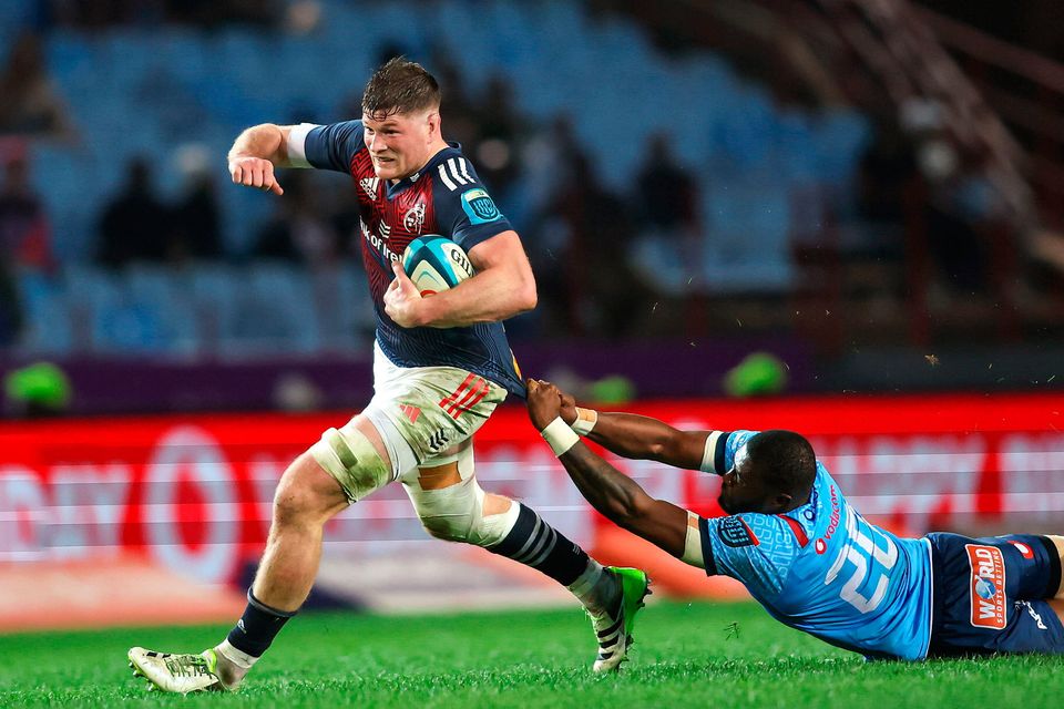 Munster's Jack O’Donoghue attempts to get past Mpilo Gumede of Vodacom Bulls during their recent URC tie at Loftus Versfeld Stadium in Pretoria, South Africa. Photo: Shaun Roy/Sportsfile