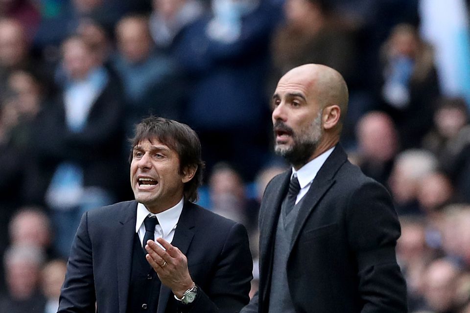 Pep Guardiola, pictured right, takes his Manchester City side to Chelsea on Saturday to play against Antonio Conte's Premier League champions