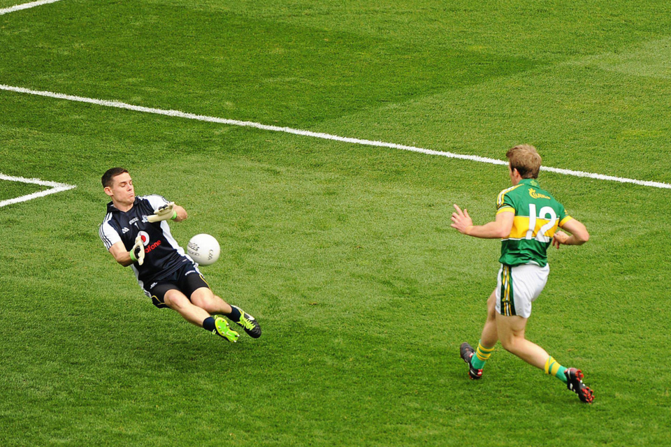 MAGNIFICENT: Donnchadh Walsh fires the ball past Dublin goalkeeper Stephen Cluxton for Kerry’s second goal in the 2013 All-Ireland SFC semi-final. The pass from Colm Cooper was one of the greatest ever seen in Croke Park. Photo: SPORTSFILE