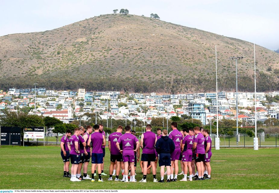 Munster players in huddle during a squad training session at Hamilton RFC in Cape Town, South Africa. Photo by Sportsfile