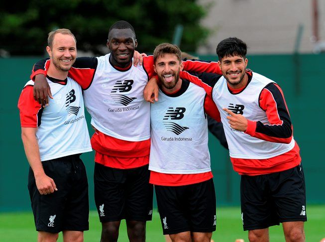 Liverpool’s new signing Christian Benteke alongside rehab fitness coach Jordan Milsom (left), Fabio Borini and Emre Can