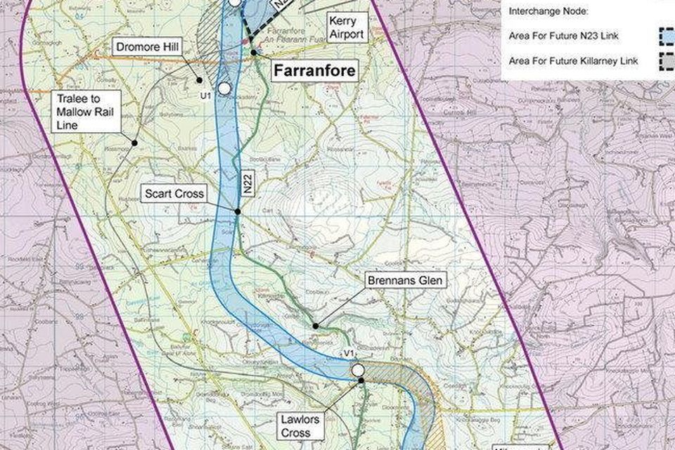 A map showing potential N22 Faranfore Killarney routes.