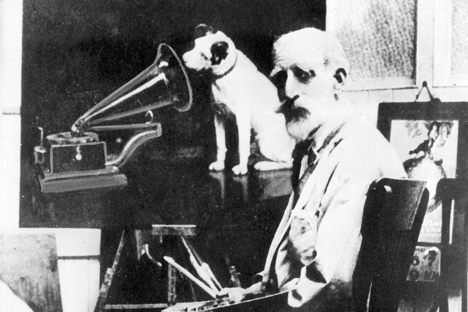 Francis Barraud, painter of HMV logo inspiration, Nipper the dog in 1904. Photo by Mirrorpix via Getty Images