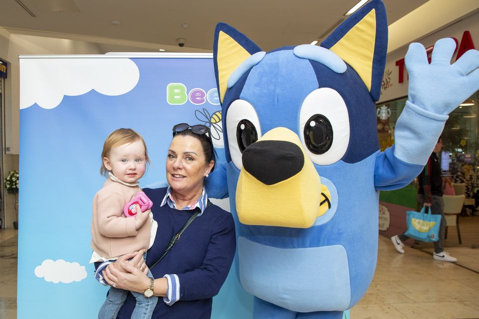 Masie O'Leary and Claire Lott with Bluey at the Bridgewater Shopping Centre in Arklow. Photo: Michael Kelly