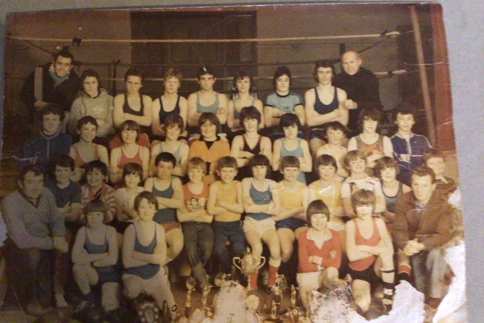 An old photograph of Wicklow Boxing Club from the 1976 with Tom in the top far right corner.
