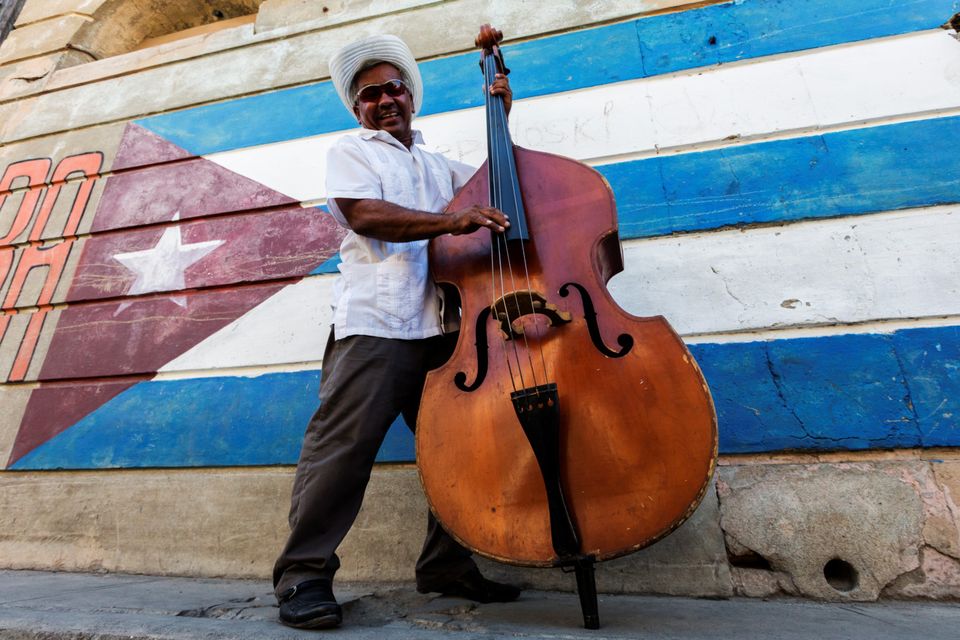 Musician playing upright bass, Santiago, Cuba