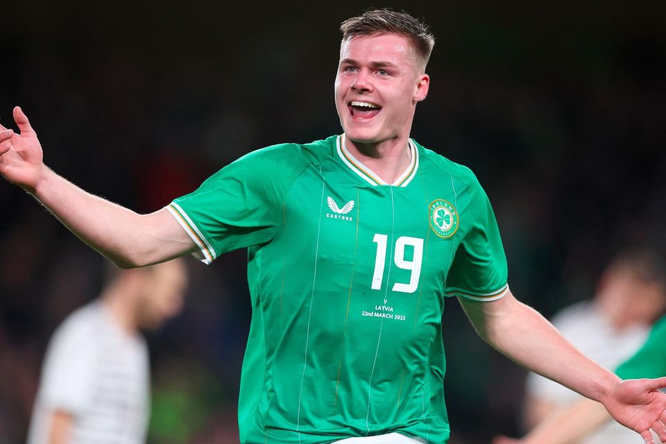 Ireland's Evan Ferguson celebrates his first goal for his country, becoming the youngest player to hit the net since Robbie Keane in 1998. Photo: Getty Images