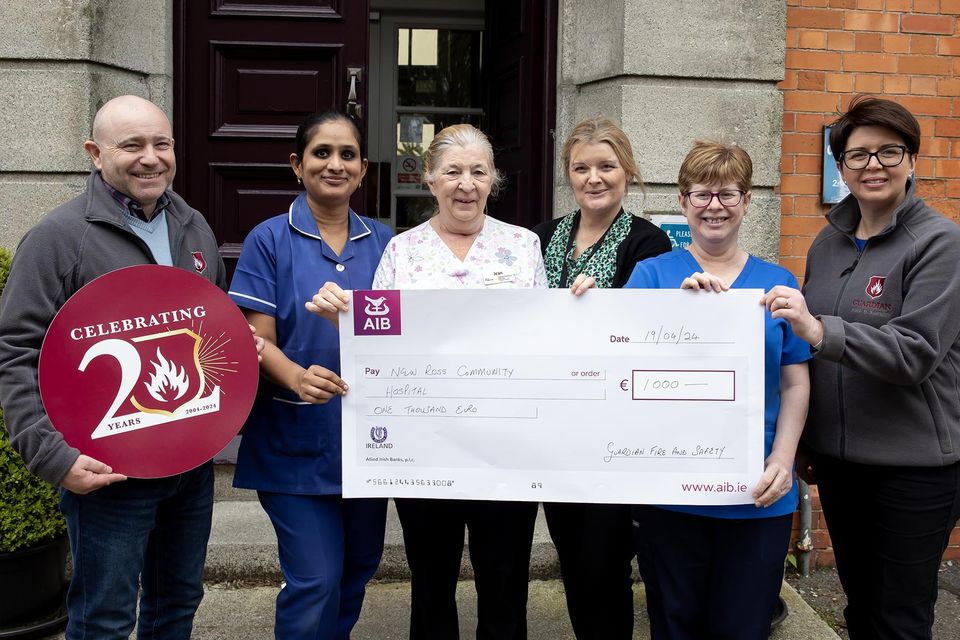 Guardian Fire & Safety celebrating their 20th birthday presenting New Ross Community Hospital with a cheque for €1,000. From left; Brendan Stamp Guardian Fire & Safety, Soniya Rachel Thomas Director of Nursing, Jean O'Leary, Claire Mullett Senior Operations HR administrator and Delorus O'Leary from Community hospital and Margaret Goldsmith Guardian Fire & Safety. Photo; Mary Browne