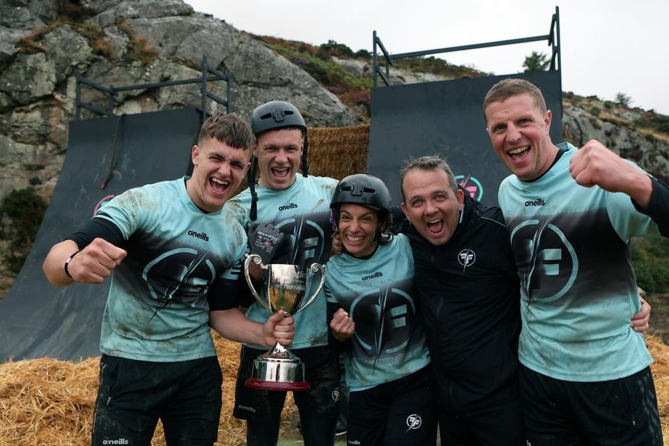 Ireland’s Fittest Family’ coach Davy Fitzgerald with the Nugent family from Drogheda after their big win in 2022. Photo: RTÉ
