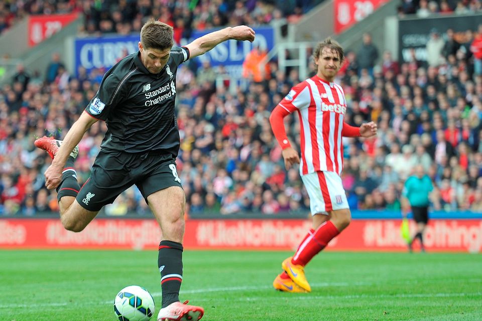 Liverpool's Steven Gerrard fires in what could possibly be his last goal for Liverpool during the Barclays Premier League match at the Britannia Stadium, Stoke. P
Dave Howarth/PA Wire.