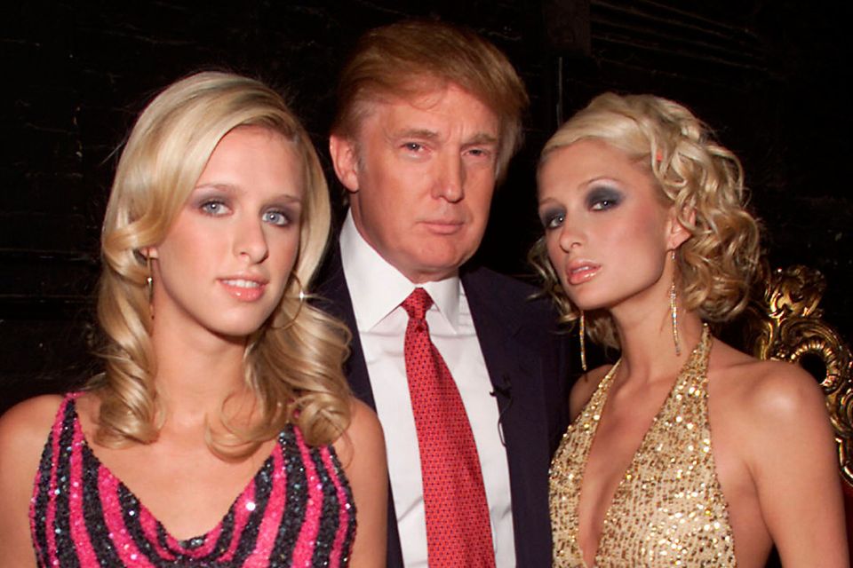 Donald Trump with Paris and Nicky Hilton during rehearsals for the 2001 VH1 Vogue Fashion Awards at Hammerstein Ballroom in New York City