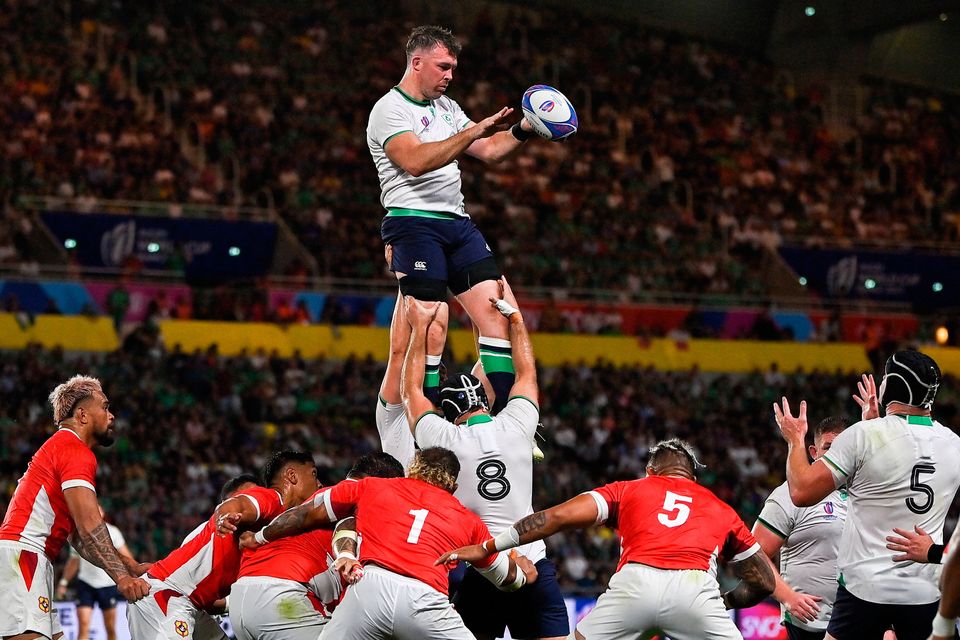 Ireland's Peter O’Mahony wins a lineout during Saturday's victory over Tonga at Stade de la Beaujoire in Nantes. Photo: Brendan Moran/Sportsfile