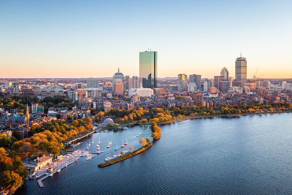 Aerial view of Boston, Massachusetts, with a focus on the city's