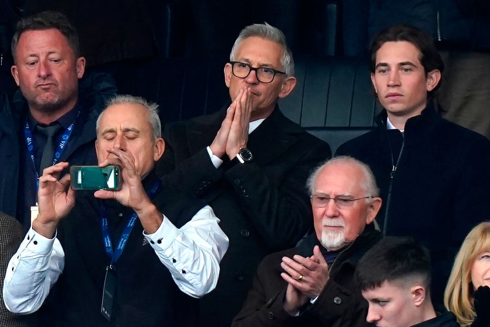 Gary Lineker (centre) reacts in the stands during the Premier League match at the King Power Stadium, Leicester