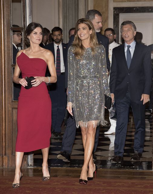 King Felipe VI of Spain, President of Argentina Mauricio Macri, First Lady Juliana Awada and Queen Letizia of Spain attend a reception hosted by Spanish Royals at the Four Seasons Hotel during day two of the official visit of the Spanish Royals on March 26, 2019 in Buenos Aires, Argentina. (Photo by Fotonoticias/Getty Images)