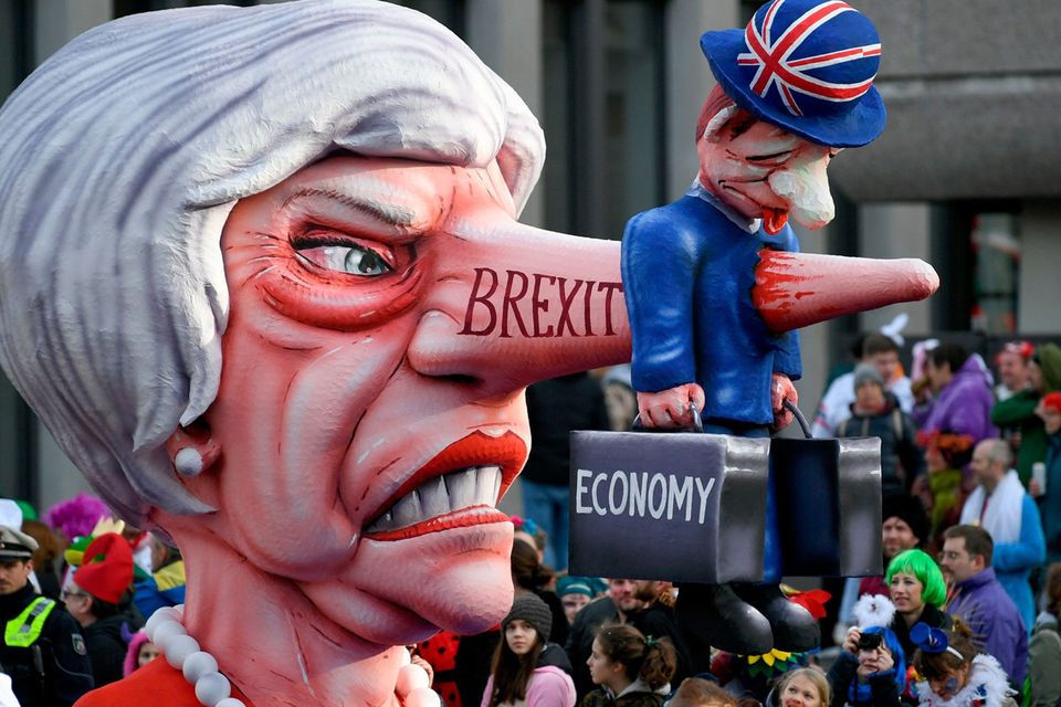 British Prime Minister Theresa May is depicted in a carnival float in Duesseldorf, western Germany. Photo: Getty Images