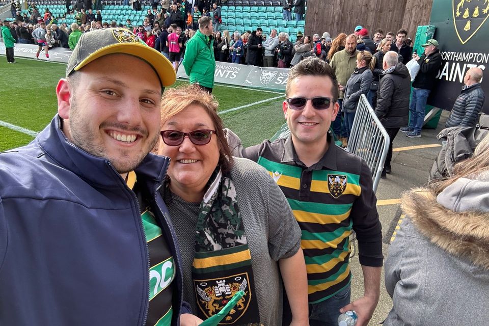 Northamptonshire native and avid Northampton Saints fan Ash Williamson (left), who is travelling to Dublin for his team's clash against Leinster with Maria Taylor and Tiago Teixeira