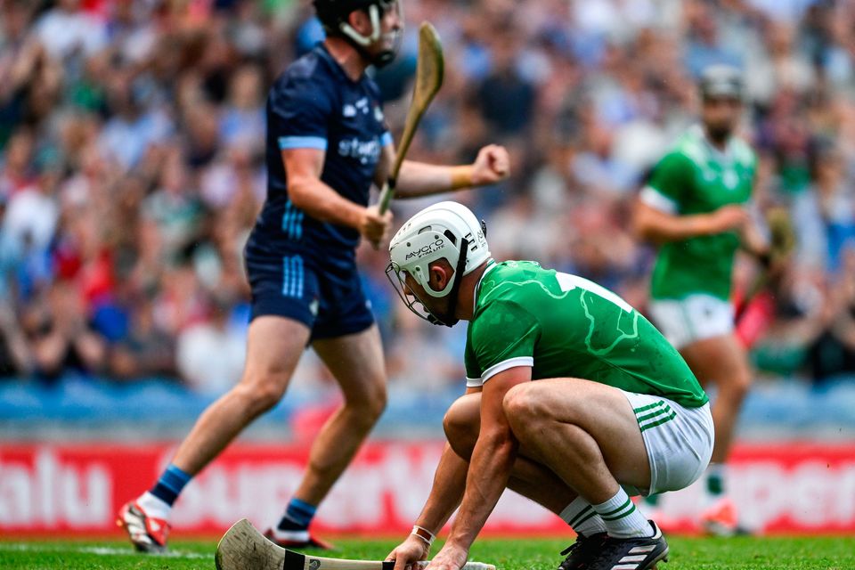 Aaron Gillane of Limerick reacts after his shot was saved by Dublin goalkeeper Sean Brennan. Photo: Daire Brennan/Sportsfile