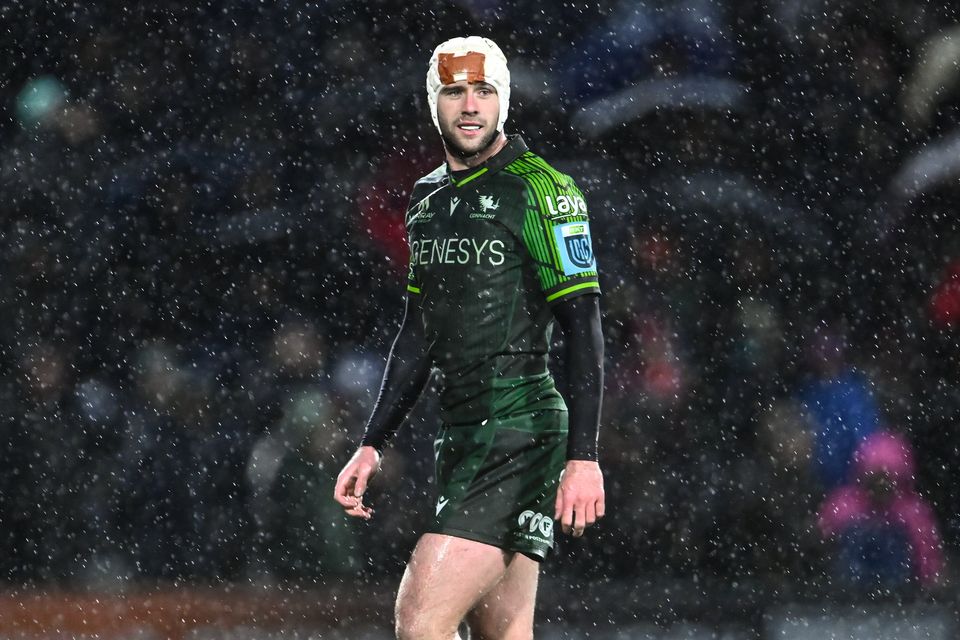 Connacht's Mack Hansen during the United Rugby Championship match against Munster at The Sportsground in Galway. Photo by Piaras Ó Mídheach/Sportsfile