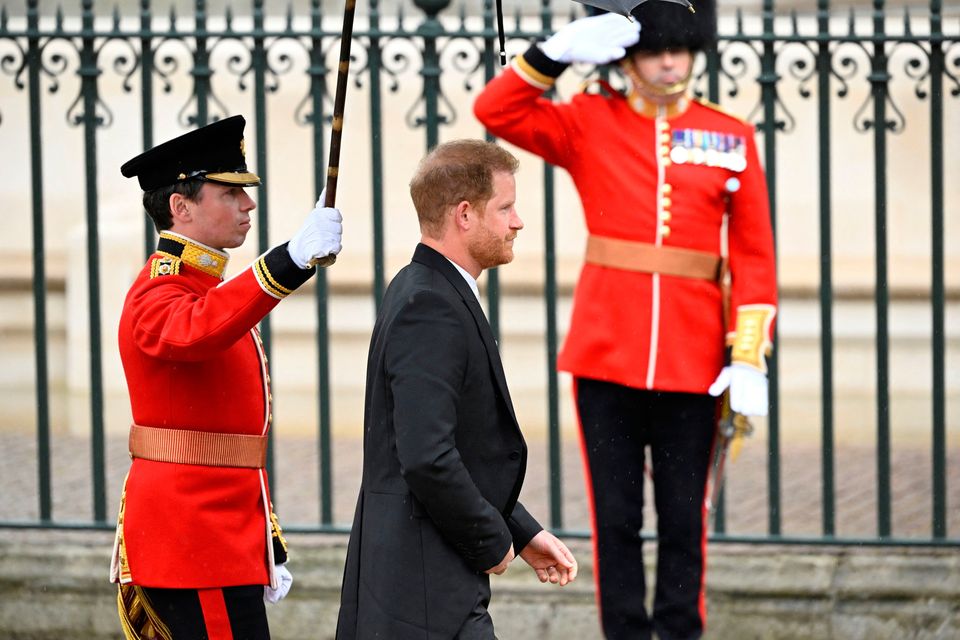 The Duke of Sussex arriving ahead of the coronation ceremony of King Charles III and Queen Camilla at Westminster Abbey, London. Toby Melville/PA Wire
