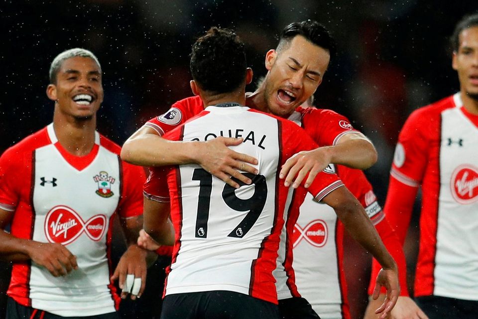 Southampton's Sofiane Boufal celebrates scoring their winner with Maya Yoshida