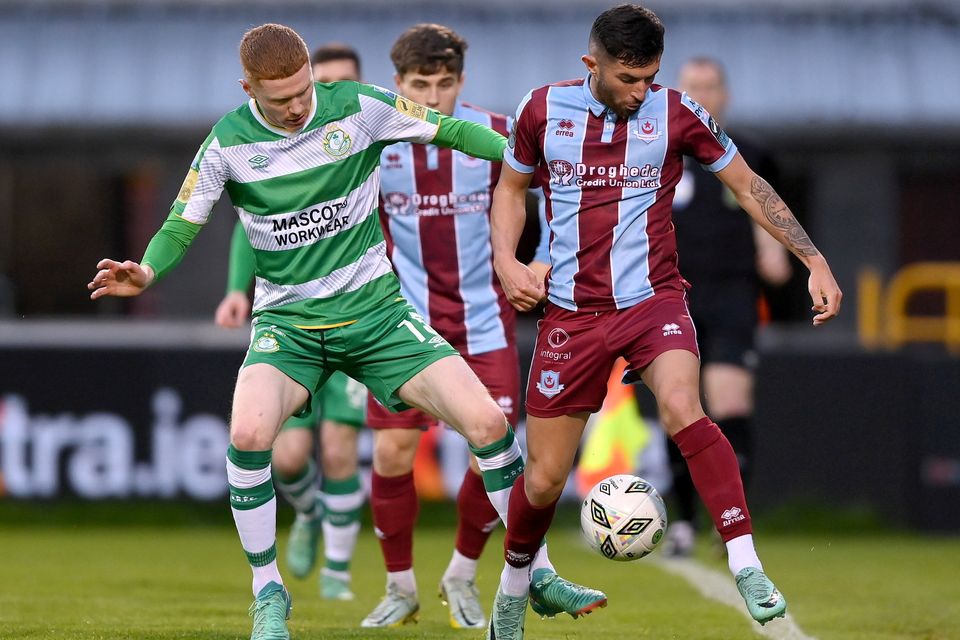 Luke Heeney of Drogheda United in action against Shamrock Rovers' Darragh Nugent during the SSE Airtricity Men's Premier Division match at Tallaght Stadium. Photo by Stephen McCarthy/Sportsfile