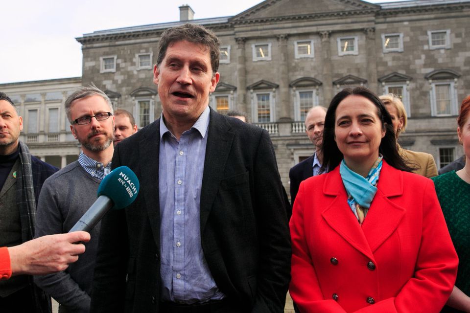 Negotiations: Green Party leader Eamon Ryan with party TDs at Leinster House, Dublin. Photo: Gareth Chaney