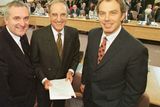 thumbnail: Sign of the times: Former Taoiseach Bertie Ahern, former US Senator George Mitchell and former British Prime Minister Tony Blair after the signing of The Good Friday Agreement set Northern Ireland in 1998.