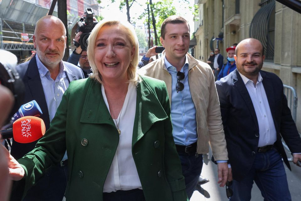 Far-right National Rally party candidate for the 2022 French presidential election Marine Le Pen arrives at her party headquarters in Paris after her defeat in the second round of the election. Yves Herman/Reuters