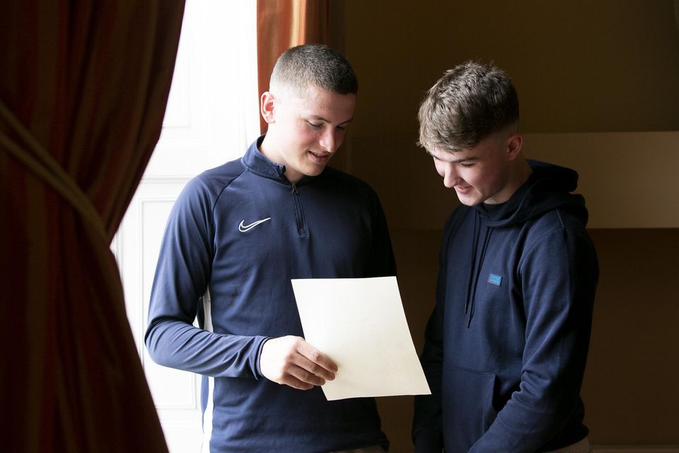 CUS Students Cormac lynch from Leixlip and Cathal Murphy from Drumcondra who both received 625 points celebrate Leaving Cert results in Dublin's city centre. Photo: Gareth Chaney/ Collins Photos