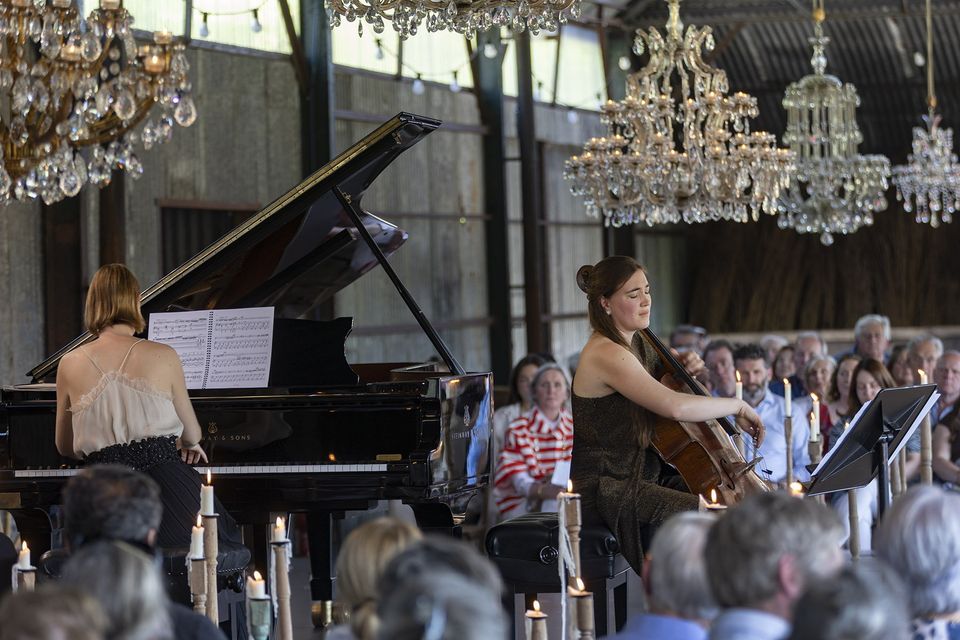 Nadége Rochat on Cello and Judith Jáuregui on Piano perform ‘A Poet’s Garden’ concert at Dromore Yard Aglish Co Waterford, part of the Blackwater Valley Opera Festival 2023.  Photo John D Kelly. See blackwatervalleyopera.ie for more information