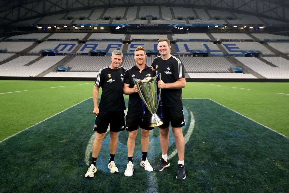 La Rochelle head coach Ronan O'Gara, assistant strength & conditioning coach Sean Dougall and coach Donnacha Ryan. Picture: James Crombie/Inpho