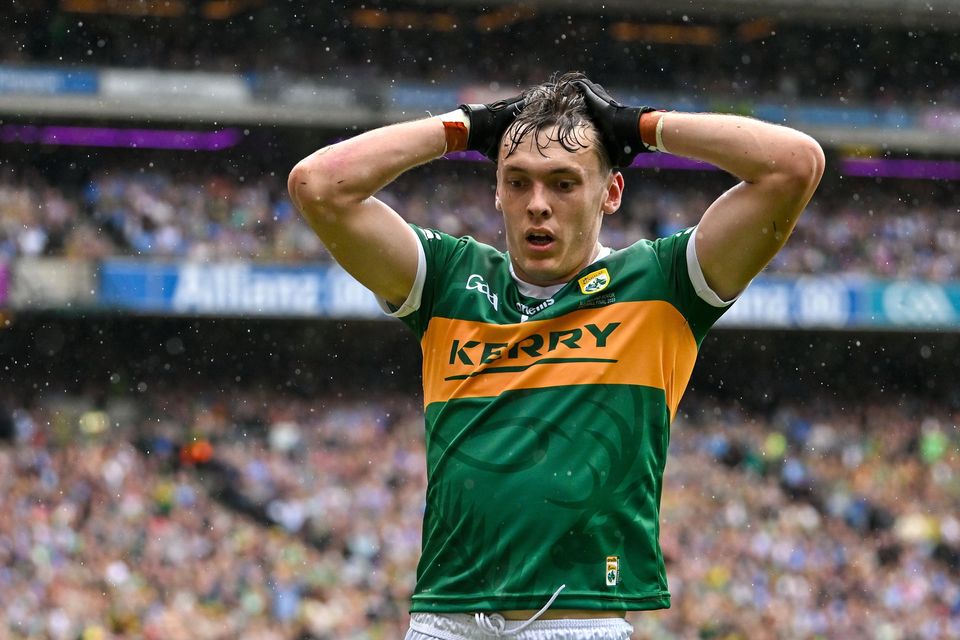 David Clifford of Kerry reacts during the GAA Football All-Ireland Senior Championship final match between Dublin and Kerry at Croke Park in Dublin Photo by Seb Daly/Sportsfile