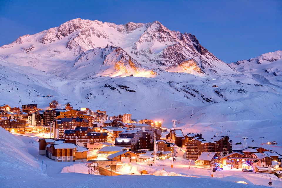 The town of Val Thorens, surrounded by snow-capped peaks