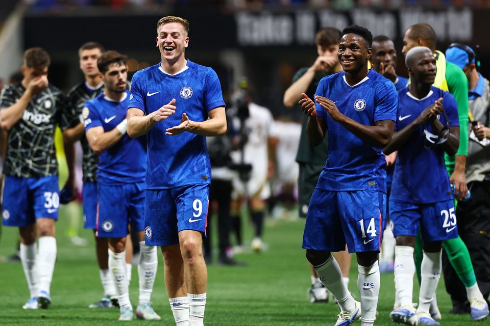 Chelsea's Liam Delap and Dario Essugo applaud their fans after the match