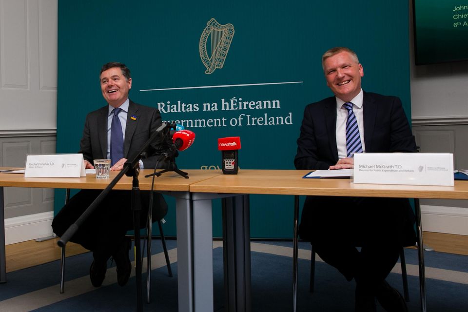 Finance Minister Paschal Donohoe and Public Expenditure and Reform Minister Michael McGrath at the Department of Finance yesterday. Photo: Gareth Chaney/Collins Photos