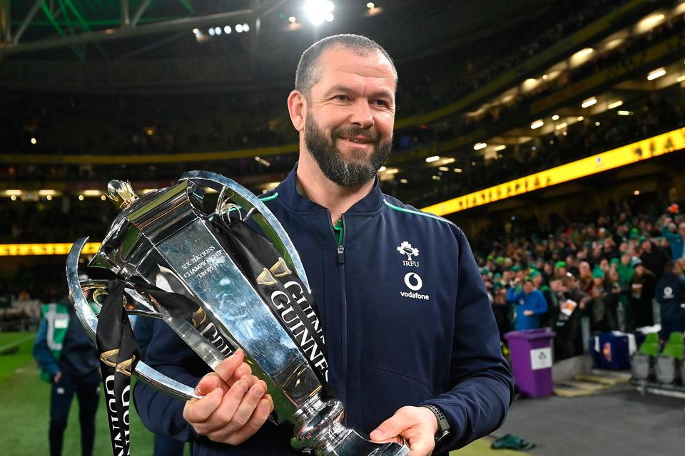 Ireland's head coach Andy Farrell celebrates with the Six Nations trophy after victory over England at the Aviva Stadium. Photo: Seb Daly/Sportsfile