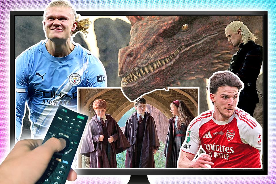 From top left: Erling Haaland, 'House of the Dragon', Declan Rice and the new Harry Potter TV series. Illustration by Michael Gleeson