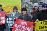 thumbnail: ASTI members on strike at North Monastery College, St Mary's Road, Cork, yesterday. Photo: Michael Mac Sweeney/Provision
