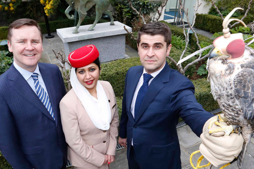 Enda Corneille, Ireland country manager with Emirates, Nisha Leelakrishnan, Emirates cabin crew, and Ahmad Younis, Arab-Irish Chamber of Commerce at the launch of the Arab-Irish Forum